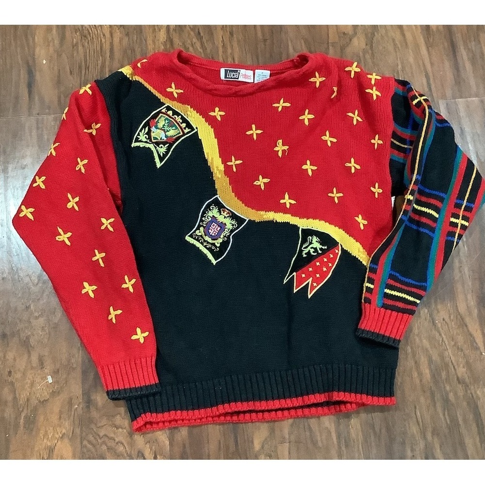 Vtg 1990s LUCIA Women's Embellished SWEATER w Sewn Coat of Arms Sz S Red / Black